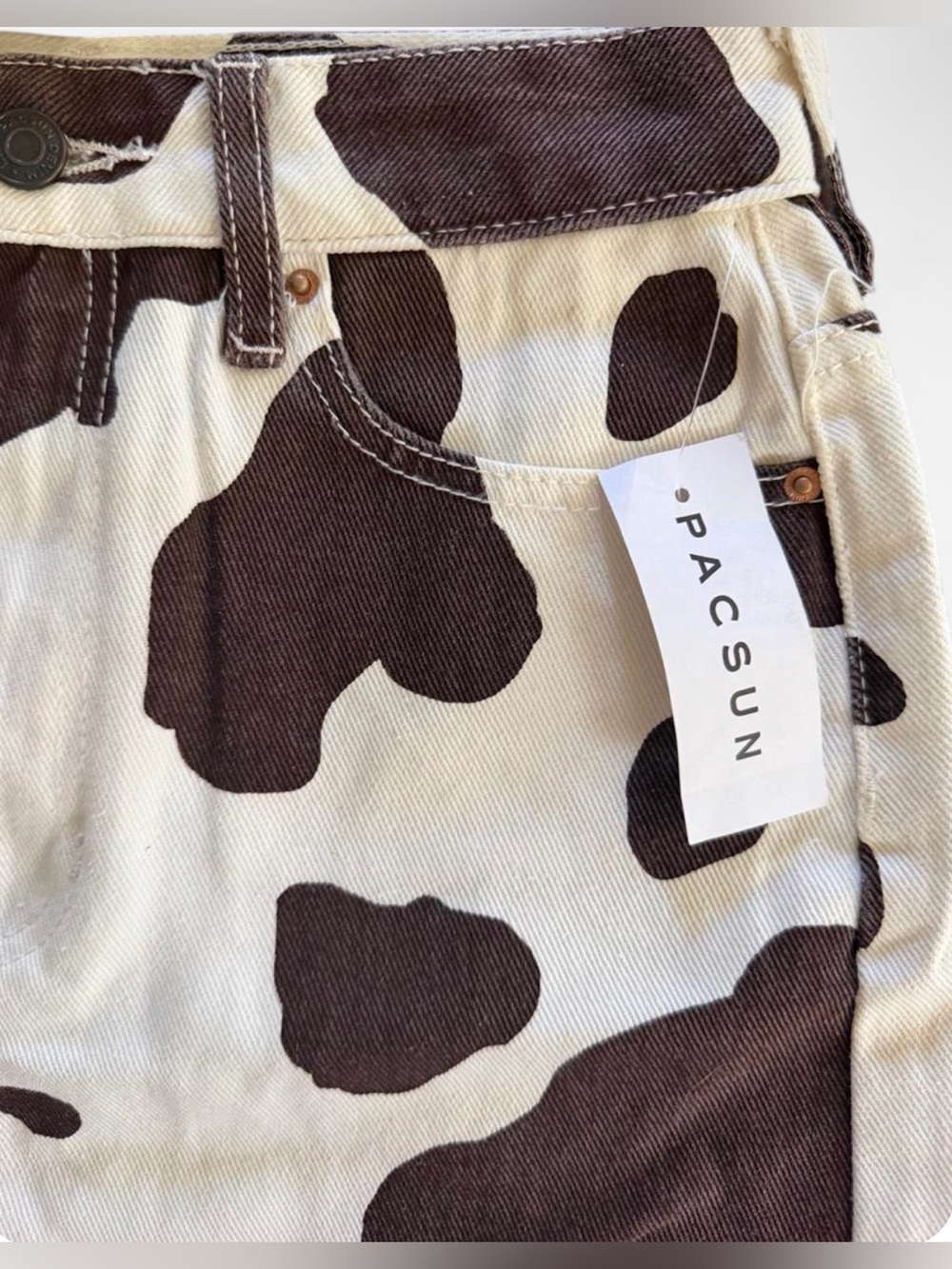 PacSun Cream Denim Mini Skirt with Brown Cow Spot Print